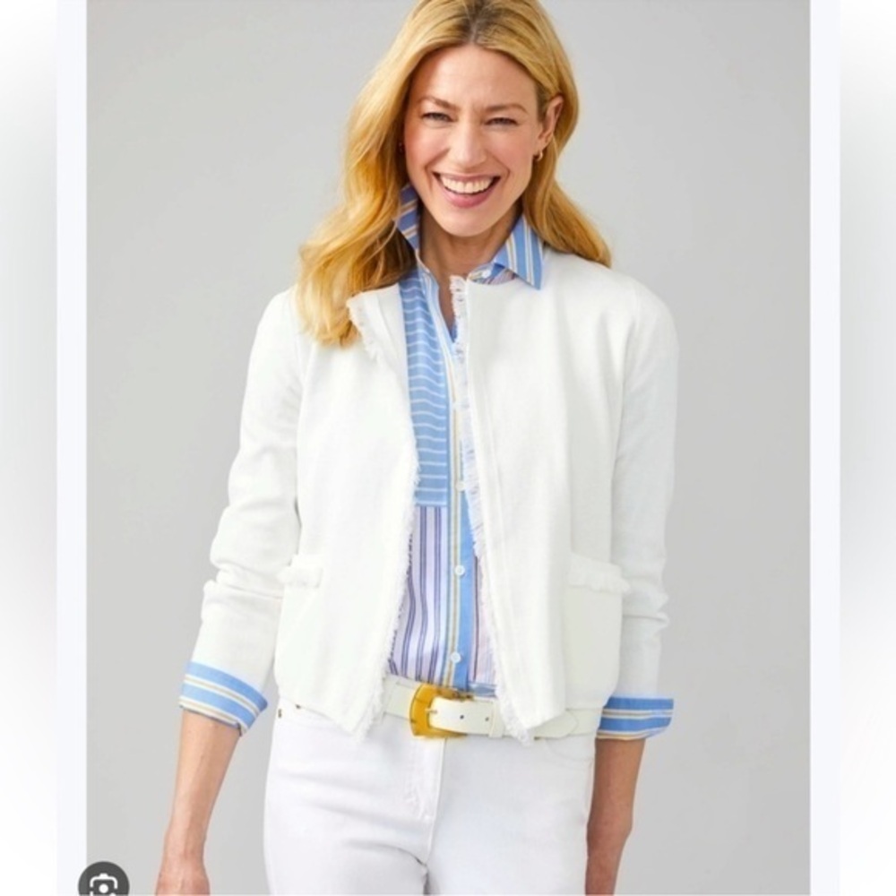 NWT J. McLaughlin White Frayed Open Front Cotton Marie Cardigan Size Medium